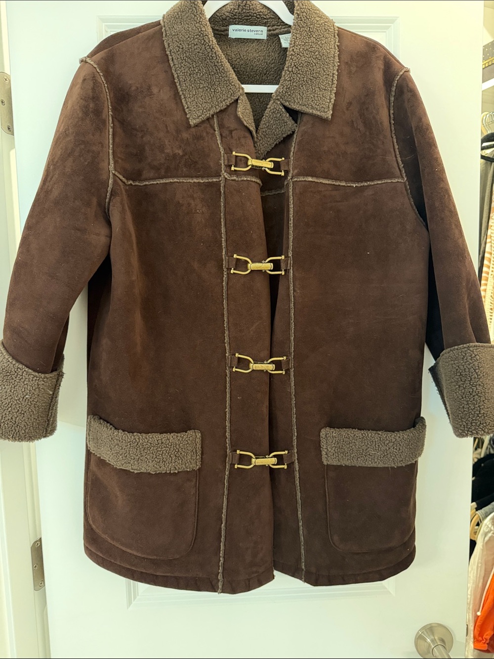 Valerie Stevens Vintage Brown Shearling Toggle Coat with Gold Hardware